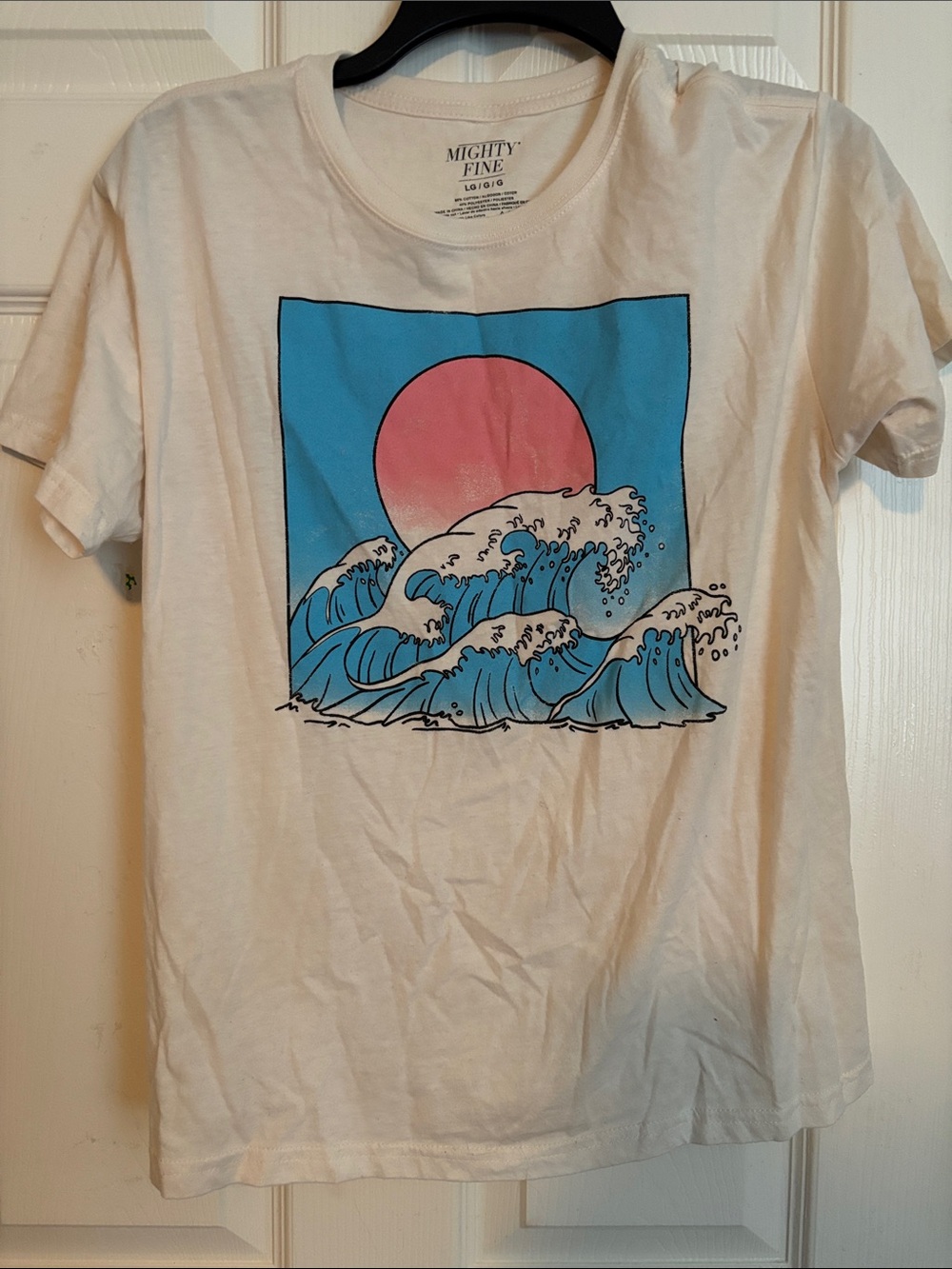 Mighty Fine White Tee with Pink Sun and Blue Wave Graphic